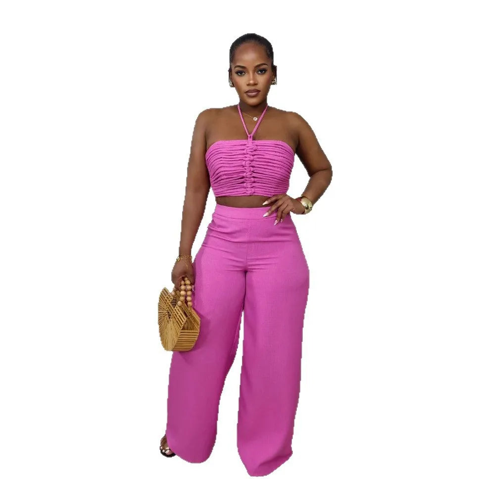 Pant Set Women Two Piece Sets Sexy Sleeveless Tops Drawstring Wide Leg Long Pants High Waist Y2k Streetwear Elegant Splice