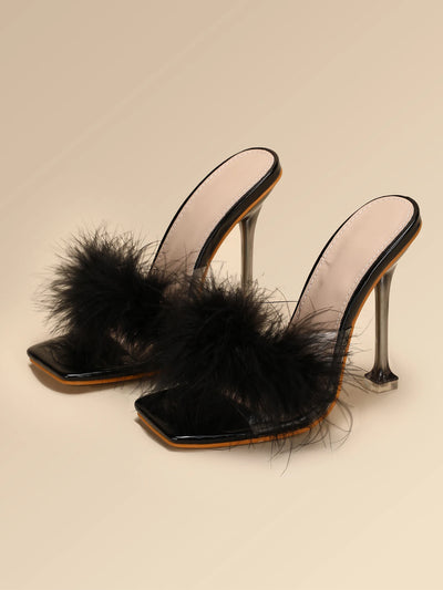 Damen Kaninchen Weißer Fell PVC Hausschuhe Quadratische Spitze Stilettos Pantoletten Transparente Kristall High Heels Sandalen Mules Glasabsätze