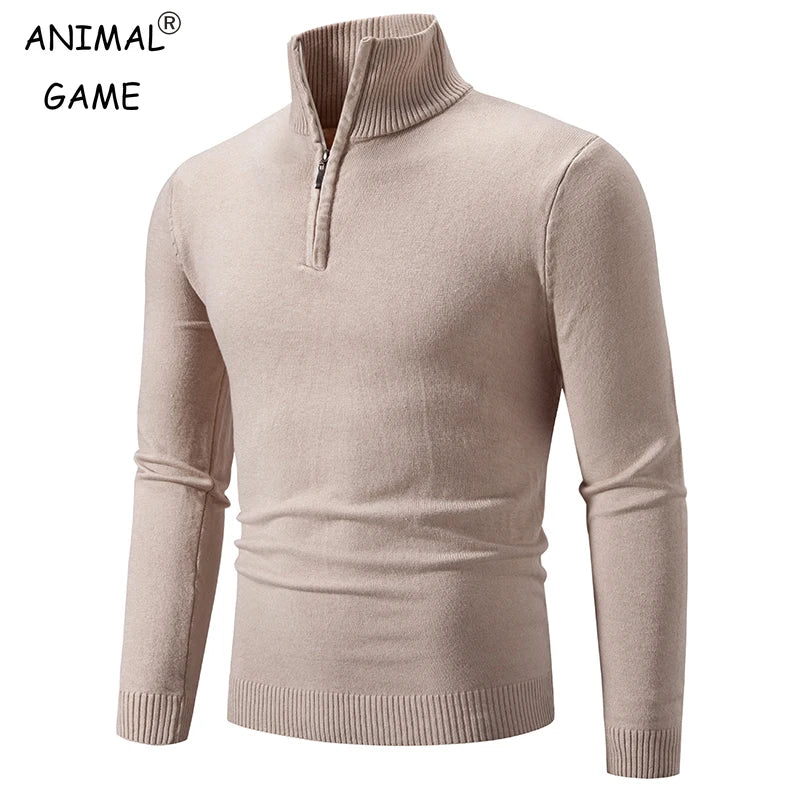 New Men's Sweater Half Zipper Pullovers Winter Warm Stand Collar Turtleneck Cotton Knitted Sweater Men Solid Color Sweatwear