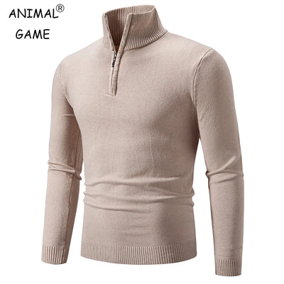 New Men's Sweater Half Zipper Pullovers Winter Warm Stand Collar Turtleneck Cotton Knitted Sweater Men Solid Color Sweatwear