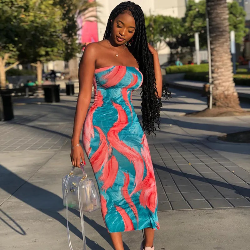 Spring/Summer Women's Colorful Tie Dye Print Off Shoulder Wrapped Chest Dress