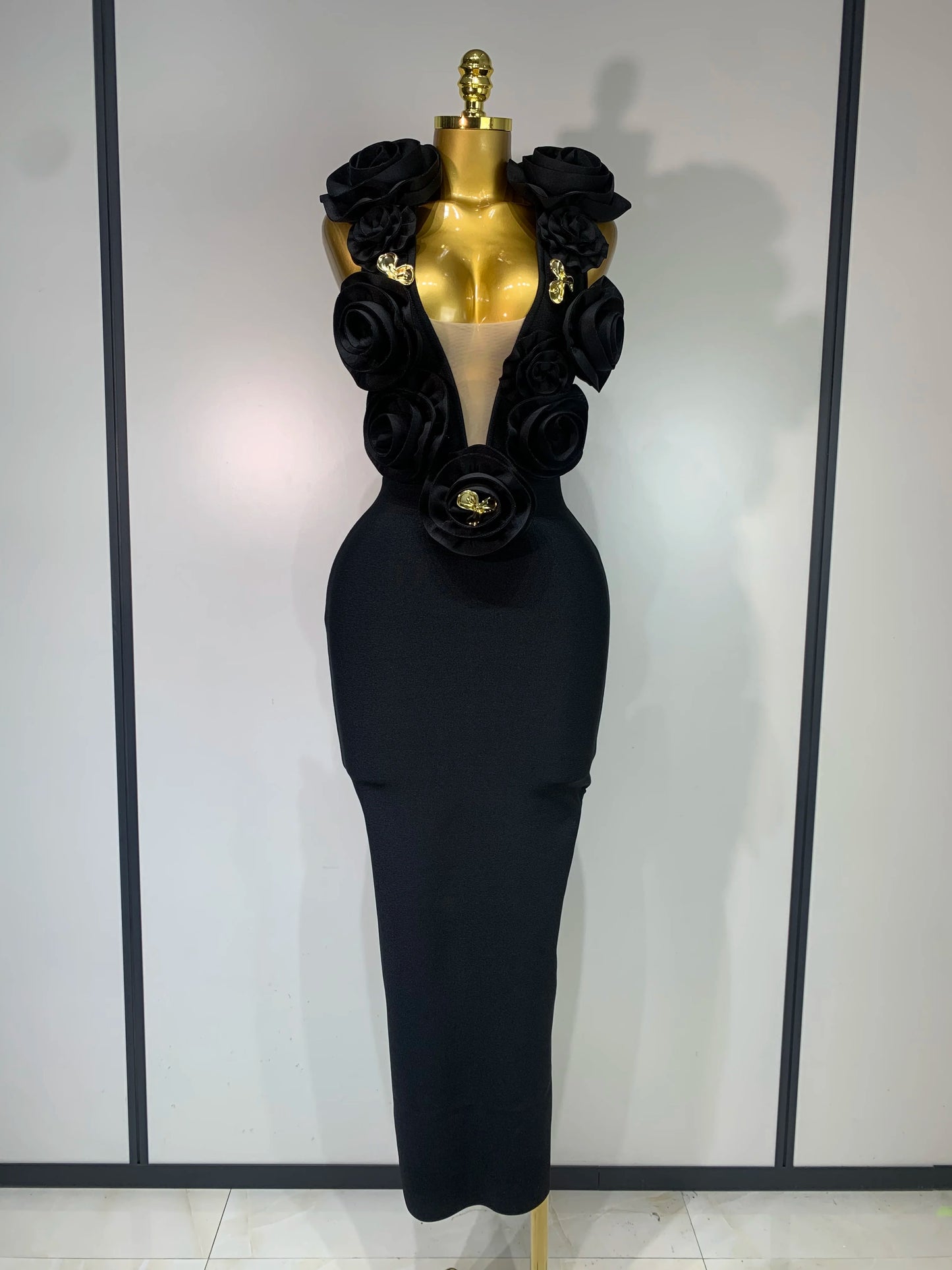 Mode Schwarz 3D Blumen Bodycon Langes Bandage Kleid Celebrity Elegantes Party Geburtstagskleid Damen Ärmellose Sexy Vestidos