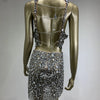 Sparkling Rhinestone Sexy Halter Backless Two-Pieces Set Birthday Evening Party Celebrate Stage Costume Nightclub Gown Dress
