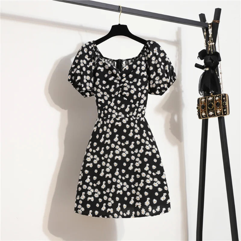 Damen Minikleider Sommer Mode Damenkleider Bedruckte Chiffonkleider mit Blumenmuster, gerafft, plissiert, kurze Puffärmel, Freizeitkleid