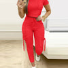 Tight Solid Color Two Piece Set Women Cropped T Shirt Slim Long Pants Pocket Ladies Sets 2025 Spring Summer Sportswear