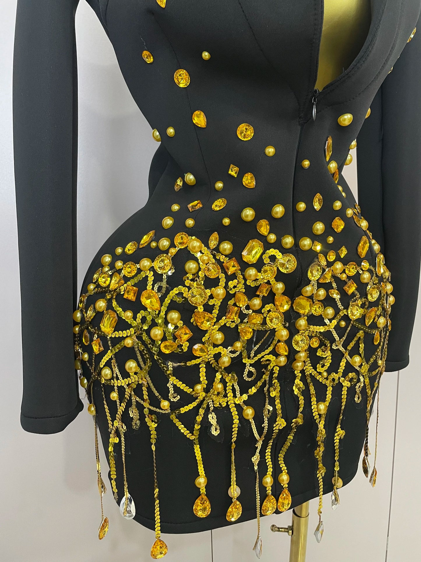 Glitzernde Kristallketten Perlen Langarm Minikleid 2025 Damen Geburtstag Abendparty Nachtclub Outfit Sängerin Hochzeitskostüm