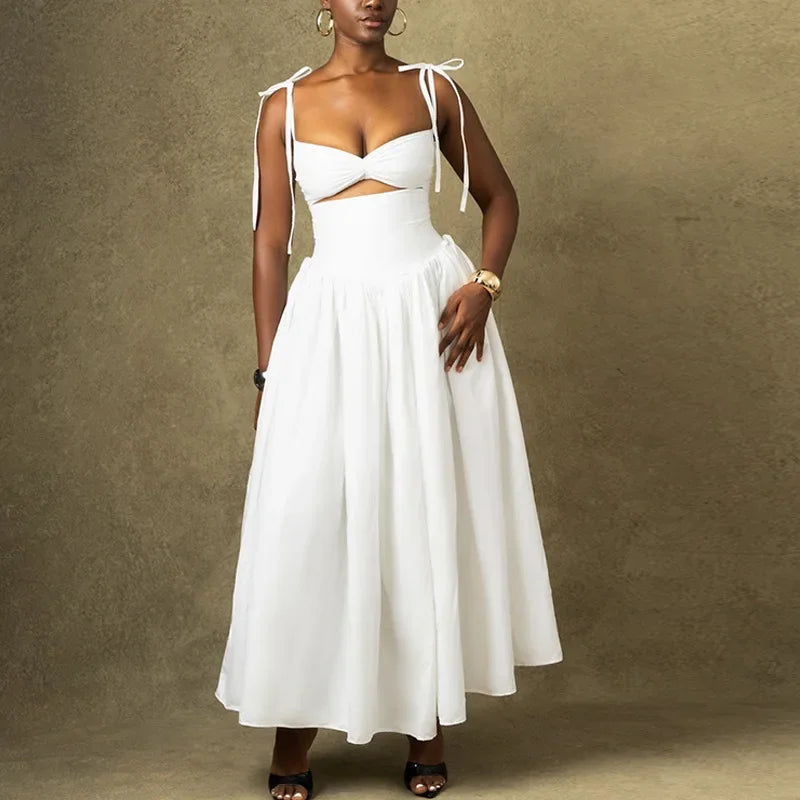 Hollow Ruched  Dress Women Square Collar Lace-up Shoulder Strap Backless Sleeveless Ruffles Street Trend Mini Bodycon