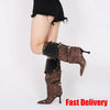 GIGIFOX Kniehohe Stiefel mit Umschlag für Damen Stiletto High Heels Spitz zulaufende Zehenpartie Reißverschluss hinten Verstellbare Schnalle Halbwadenhohe Stiefel