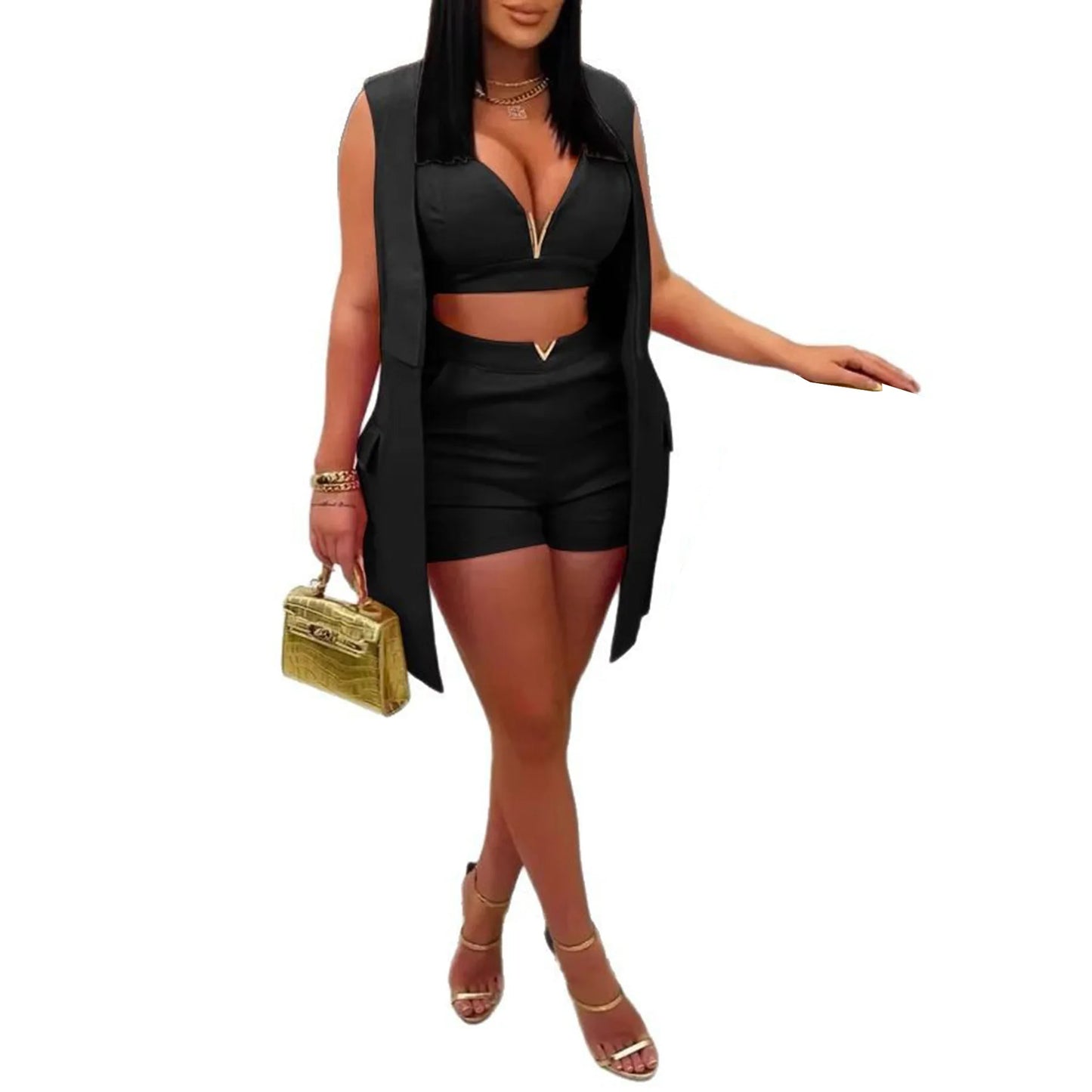 Elegant Commuter Women's Vest Flip Collar Suit Cardigan Three Piece Set 2025 Summer New Style