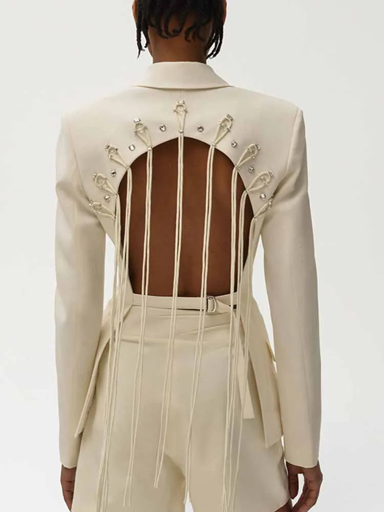 TWOTWINSTYLE Patchwork-Diamanten rückenfreier Blazer für Damen mit gekerbtem Kragen, langen Ärmeln, gespleißten Knöpfen, schickem Damen-Stil