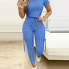 Tight Solid Color Two Piece Set Women Cropped T Shirt Slim Long Pants Pocket Ladies Sets 2025 Spring Summer Sportswear