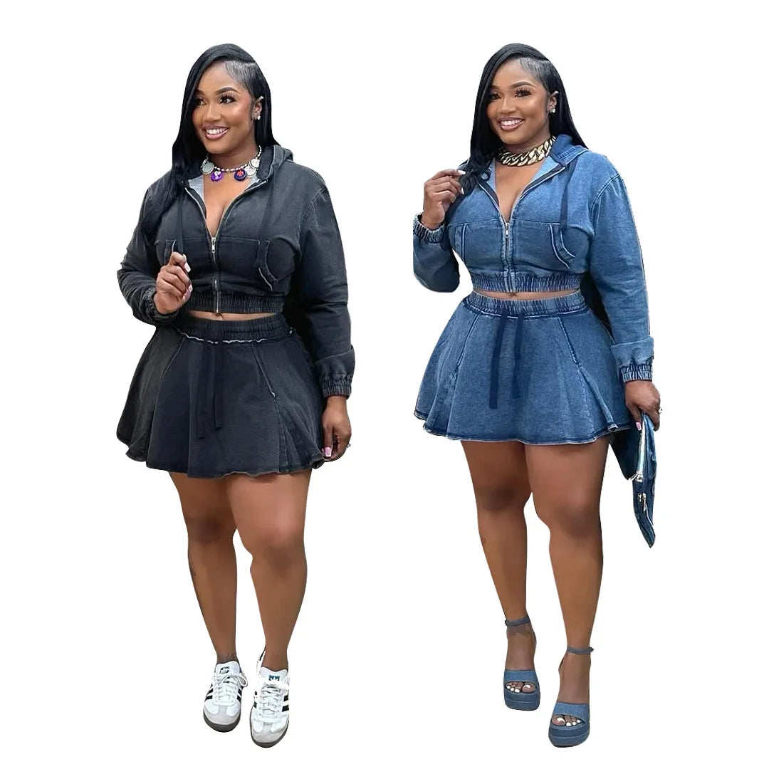 Two Piece Sets Women Denim Skirt Hooded Zipper Tops Short Dress Sets Skirts A Line High Waist Y2k Streetwear Elegant Slim Fit