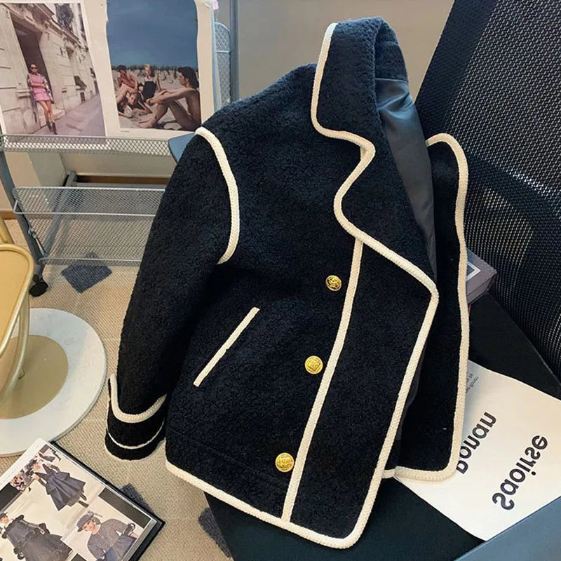 Herbst Winter Umlegekragen Lammwollmantel Damen Vintage Spleiße Locker Jacken Damen Mantel Verdicken Oberbekleidung Damen Jacke
