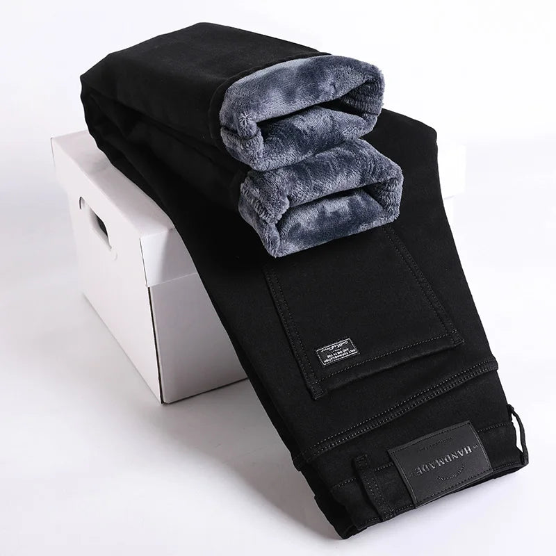Winter Fleece Dicke Warme Jeans Herren Slim Straight Elastische Denim-Hose Lässige Herrenbekleidung Mode Plüschhose