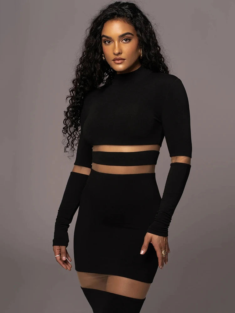 Articat Mesh Patchwork Perspective Long Sleeve Dress For Women's Tight Fit Midi Female Dress Fashion Street Party Club Vestidos