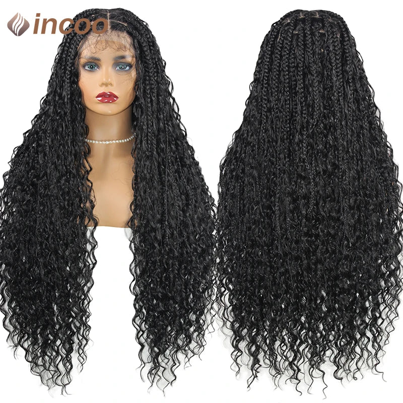 Boho Box Braided Wigs, gelocktes Kunsthaar, volle Lace-Front-Perücken für schwarze Frauen, Goddess Locs Braid Wig, Bohemian Box Braid Wig