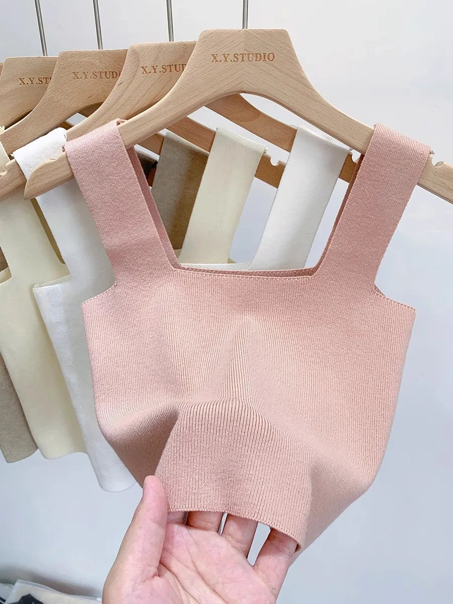 2026 Summer Women Sexy Sleeveless Tops Fashion Short Square Collar Tank Tops 6 Colors Knitted