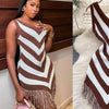Joskaa 2025 Women's Striped Patchwork Knitted V-Neck Sleeveless Bodycon Asymmetric Fringe Hem Dress Holiday Beach Streetwear