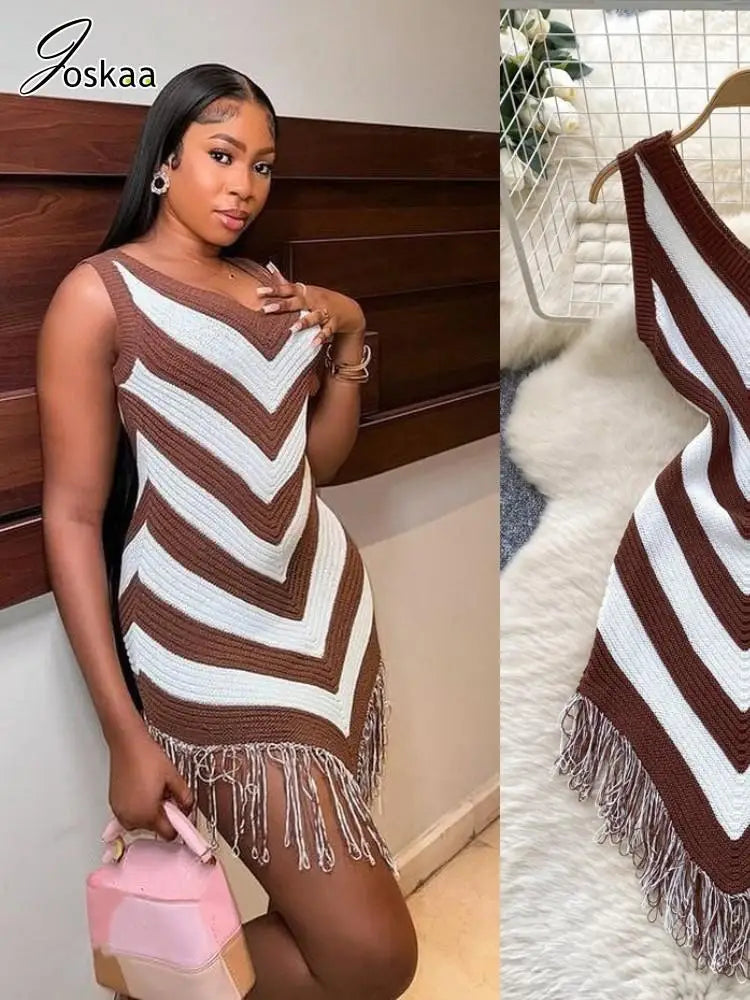 Joskaa 2025 Women's Striped Patchwork Knitted V-Neck Sleeveless Bodycon Asymmetric Fringe Hem Dress Holiday Beach Streetwear