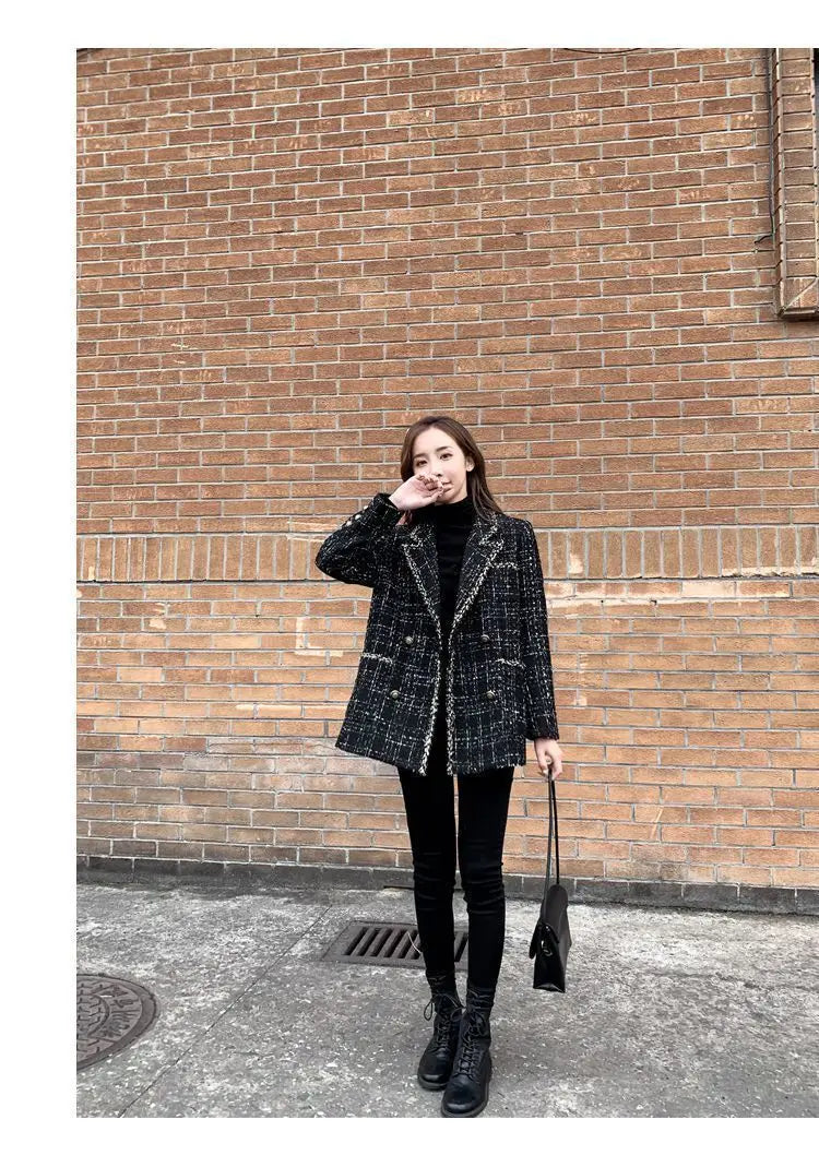 Tweed-Karo Anzugjacke Damen Oberbekleidung Lockerer Mittellanger Zweireihiger Freizeit-Wollblazer Top 2024 Frühling Herbst Neuer Schicker Anzug