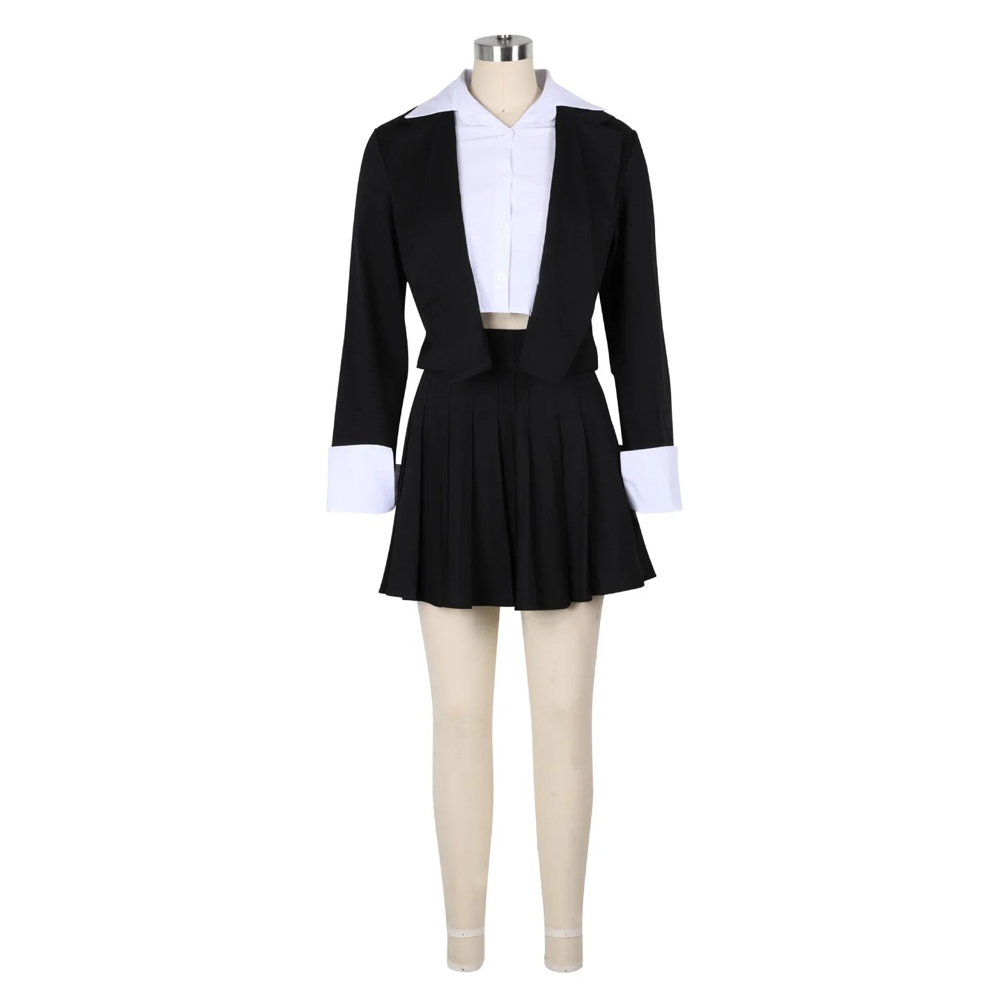 BWQ 2024 INS Women Fashion Pleated Mini Skirts Suit and Shirt Patchwork Long Sleeve Blazer Matching 2 Two Piece Set Outfits