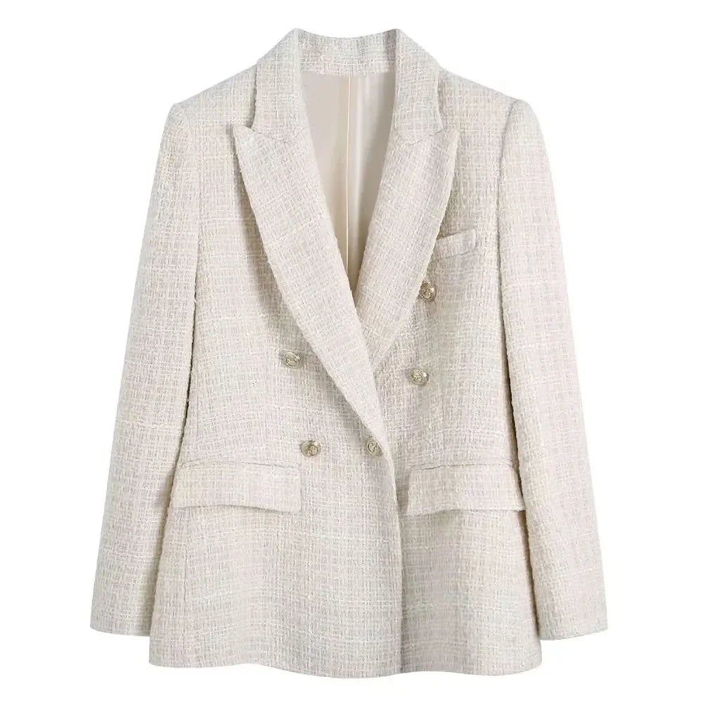 TRZA Women Fashion Tweed Double Breasted Blazer Coat Vintage Long Sleeve Flap Pockets Female Outerwear Chic Veste Femme