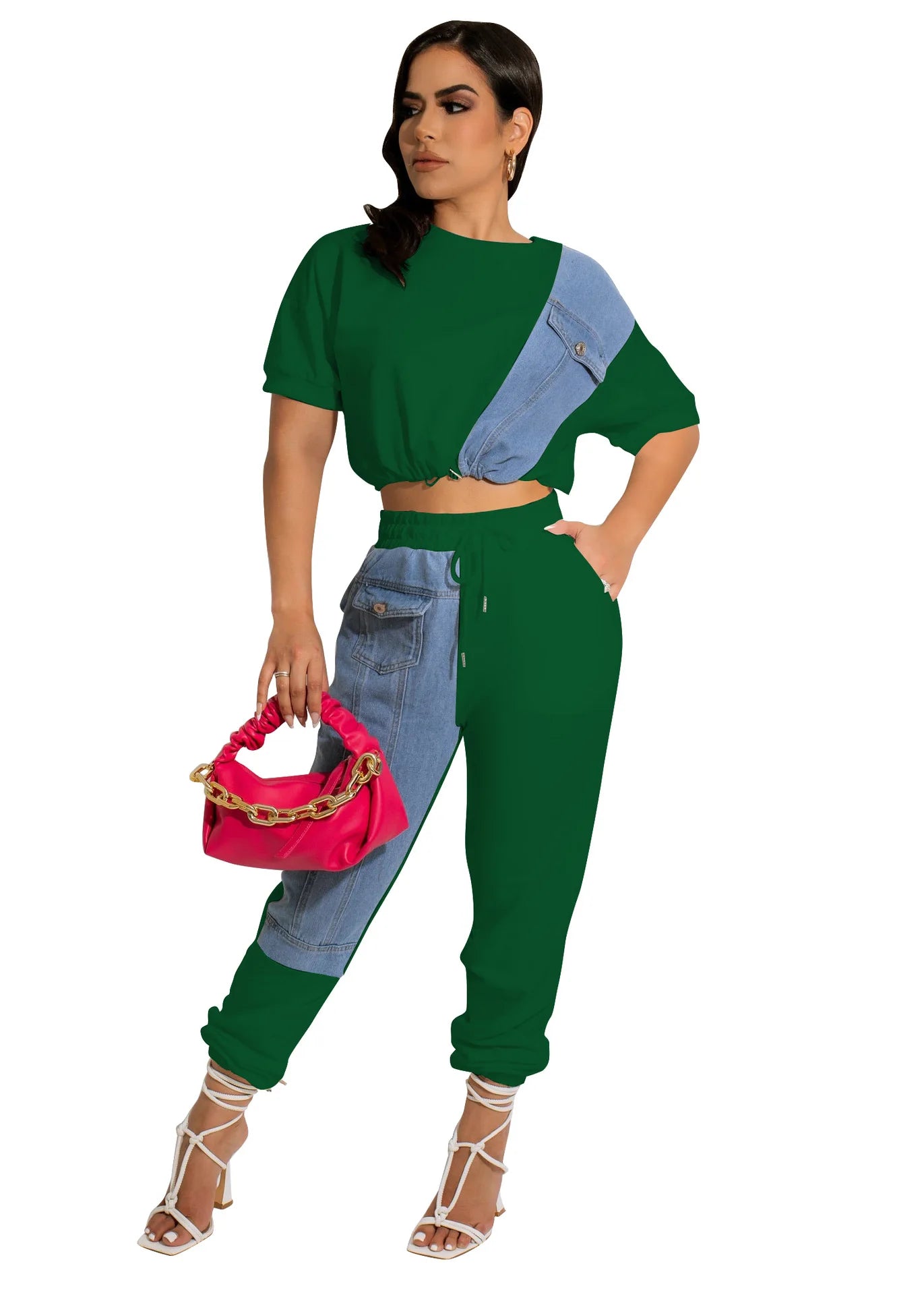 CM.YAYA Workout Denim Patchwork Women Two 2 Piece Set Outfit Sweatsuit 2022 T-shirt and Jogger Pants Matching Set Tracksuit