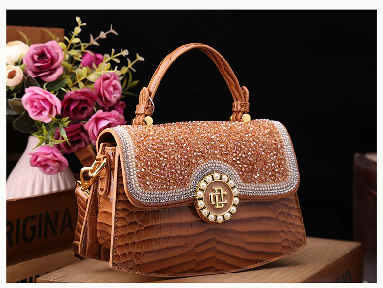 Fashion Diamonds Women Handbags 2023 Red Genuine Leather Lady Shoulder Messenger Bag Crocodile Pattern Portable Shell Tote Bags