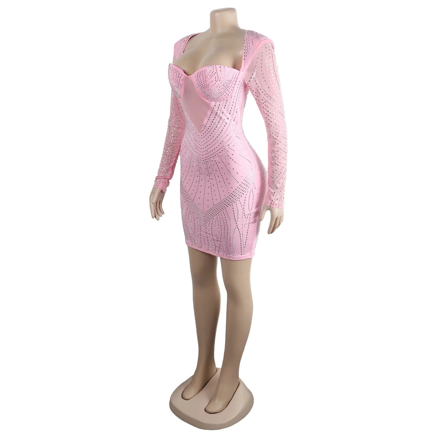 Damen sexy durchsichtiges Mesh-Strass-Dekor Langarm Skinny Partykleid