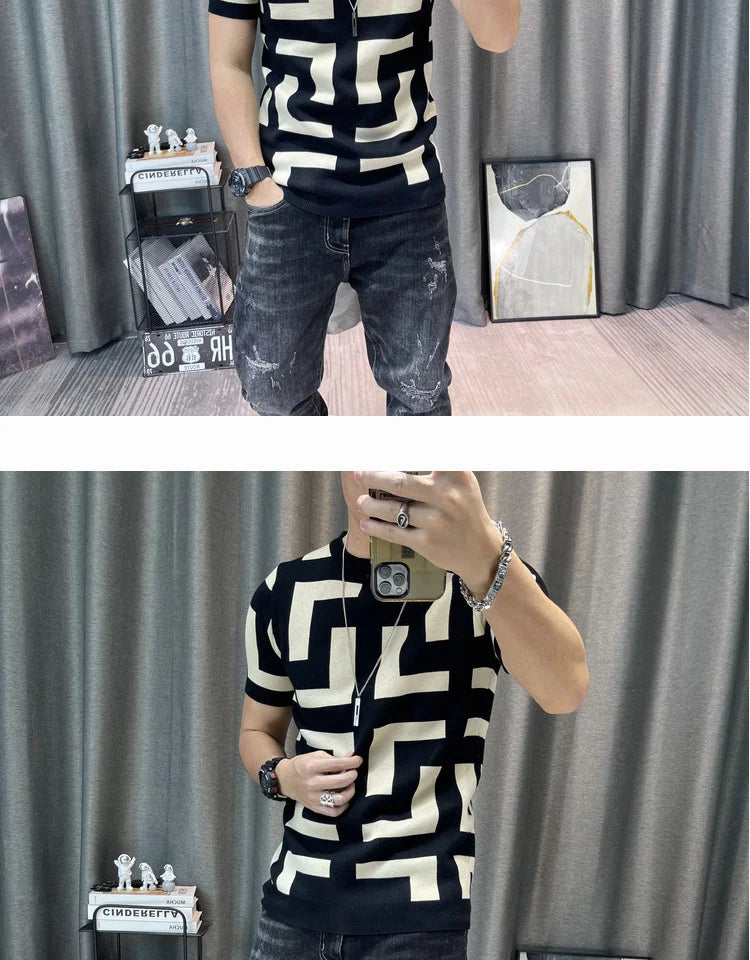 Luxury Men Autumn Knitted Tshirt 2024 Korean O-neck Short Sleeve Top Tees Streetwear Male Social Club Slim Fit Casual T-Shirt