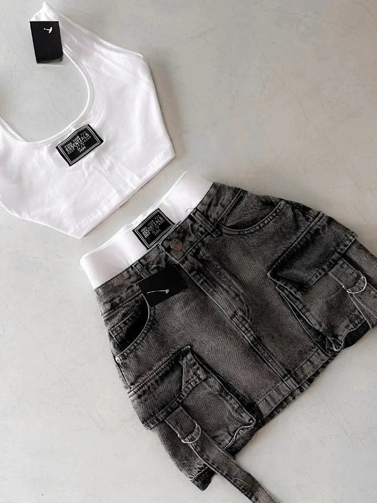 Harajuku Multiple Pockets Denim Plaid Skirt Goth Black Mini Skir Vintage Y2K New Fashion Womens Casual Versatile Sexy Streetwear