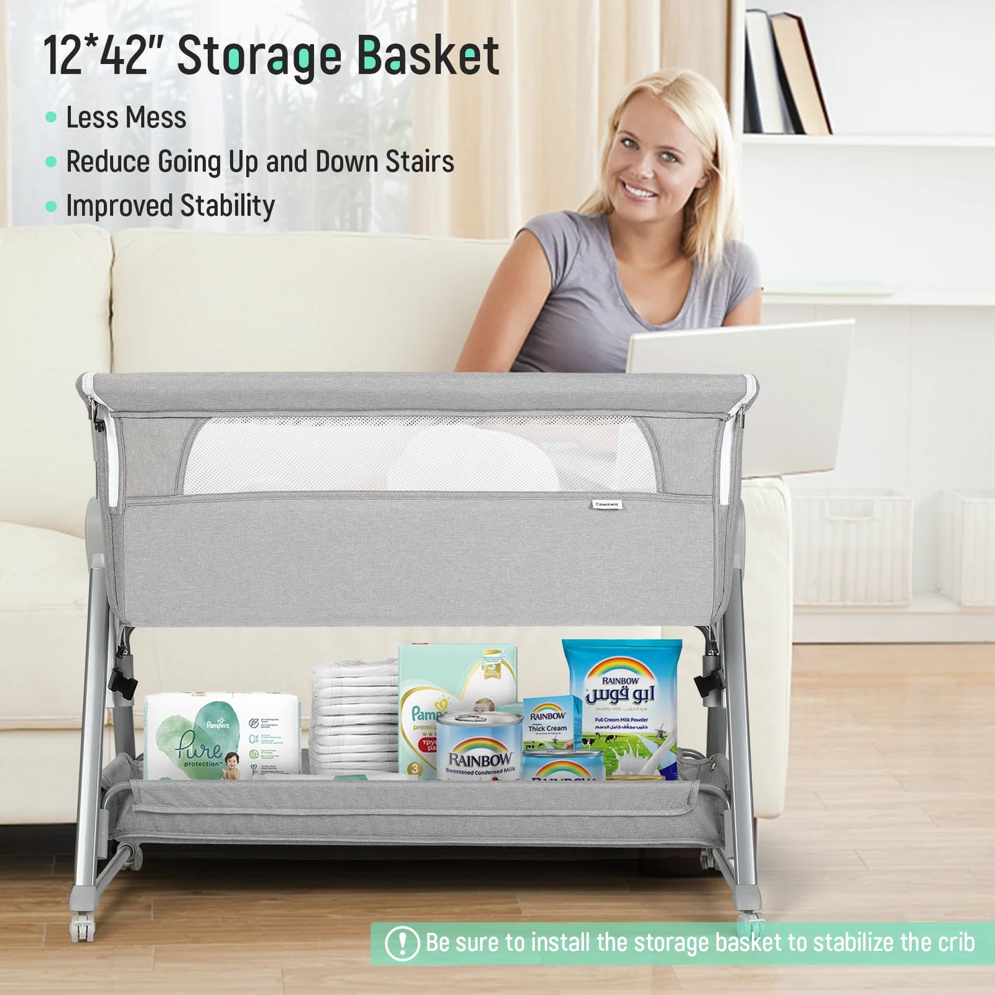 Stubenwagen für Babys, großes Volumen und mobil, mit Aufbewahrungskorb, Beistellbett für Babys von 0 bis 6 Monaten