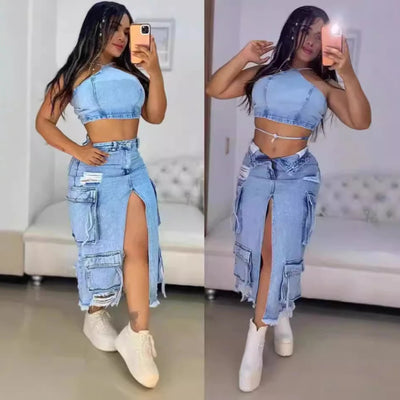 Mid Length Skirts Women Denim Skirt Hole Pockets A Line Slit Slim Y2k Streetwear Elegant Splice Y2k High Waist Summer 2025