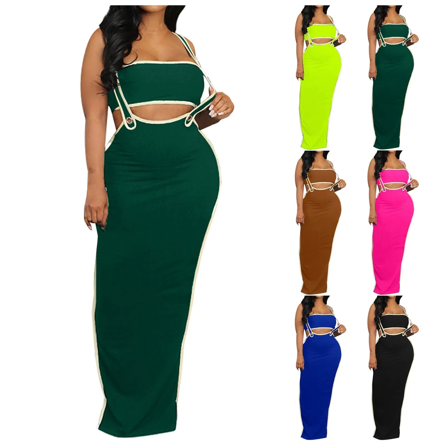 Women Dresses 2 Piece Outfits Sexy Sleeveless Slit Dress Hollow Out Bodycon Maxi Skirt Sets Vacation Midi Dress فساتين سهرة