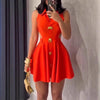 Summer Solid Color High Waist Pleated Dresses Office Lady Lapel Button A-line Dress Sexy Hollow Out Sleeveless Slim Short Dress