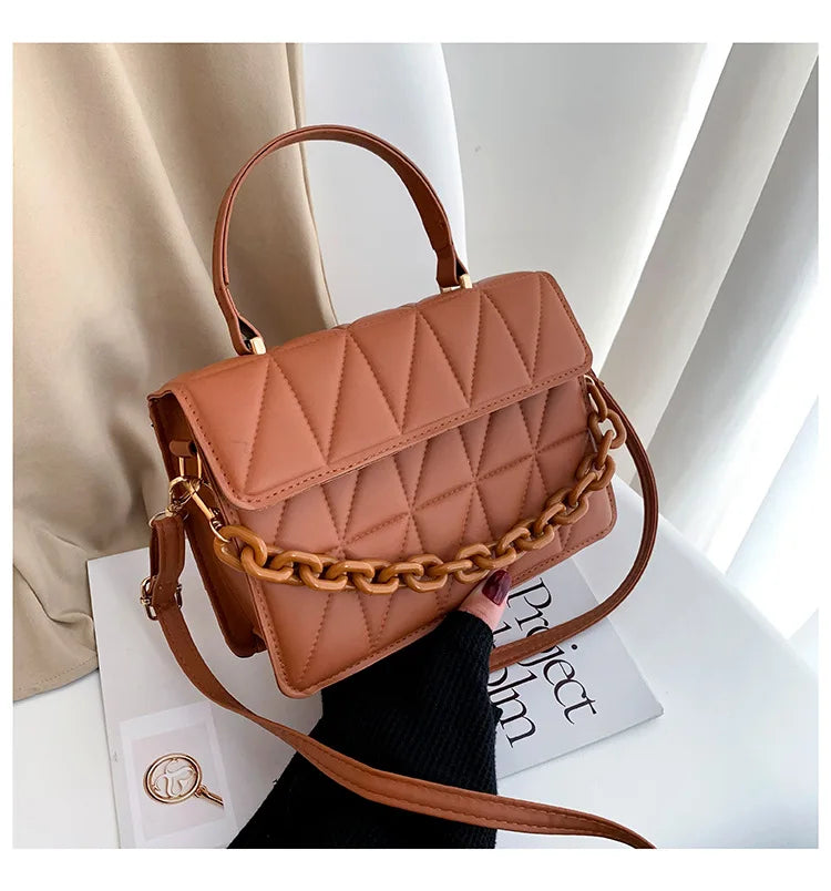 Solid Plaid Crossbody Bags For Women, Chain Decor Fashion Shoulder Bag Ladies Handbag For Daily Used