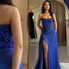 Cathy Blue Beaded Low Neck Pleated Prom Dress Side High Split vestidos de noiva Customized Mermaid Floor-length Formal Evening