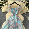 Elegant Slash Neck Vintage Short Puff Sleeve Chic Print Slim Chiffon Dresses French High Street Evening Autumn Mesh Clothing