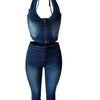 HLJ&GG Blue Fashion Denim Halter Two Piece Sets Women Sleeveless Backless Slim Crop Top And Skinny Jean Pants Outfits Streetwear