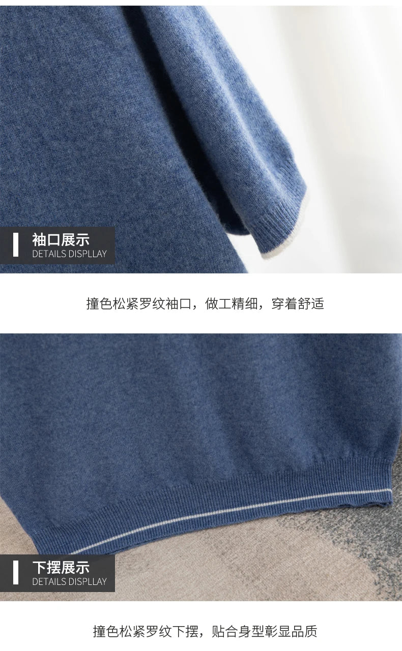 Men's T-shirt 2024 Summer New Knitted Tank Top Fashion Color Block Round Neck Pullover Sweater 100% Pure Wool Short sleeved