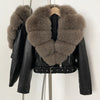 OFTBUY Natural Fox Fur Faux Leather Jacket Female New Autumn Short Top Clothing Women Long Sleeve Fake Leather Real Fur Coat