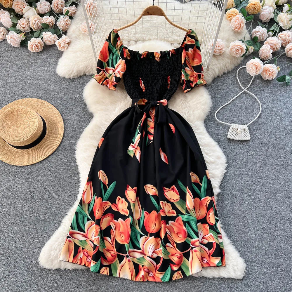 YuooMuoo Fashion Sommer Blumenmuster Langes Kleid Damen Vintage Eckiger Ausschnitt Geraffte Brust Schärpe Bandage Sundress Party Kleider