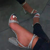 Glänzende goldene Strasssteine Chunky Heels Sandalen Damen Sexy Kreuz Knöchelriemen Silber High Heels Sommer Party Kleiderschuhe Damen Pumps