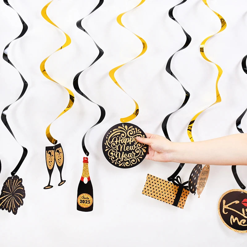 10pcs/set Happy New Year Spiral Hanging Banner Garland Hello 2025 New Year Eve Party Decoration Supplies Photo Booth Props Gift