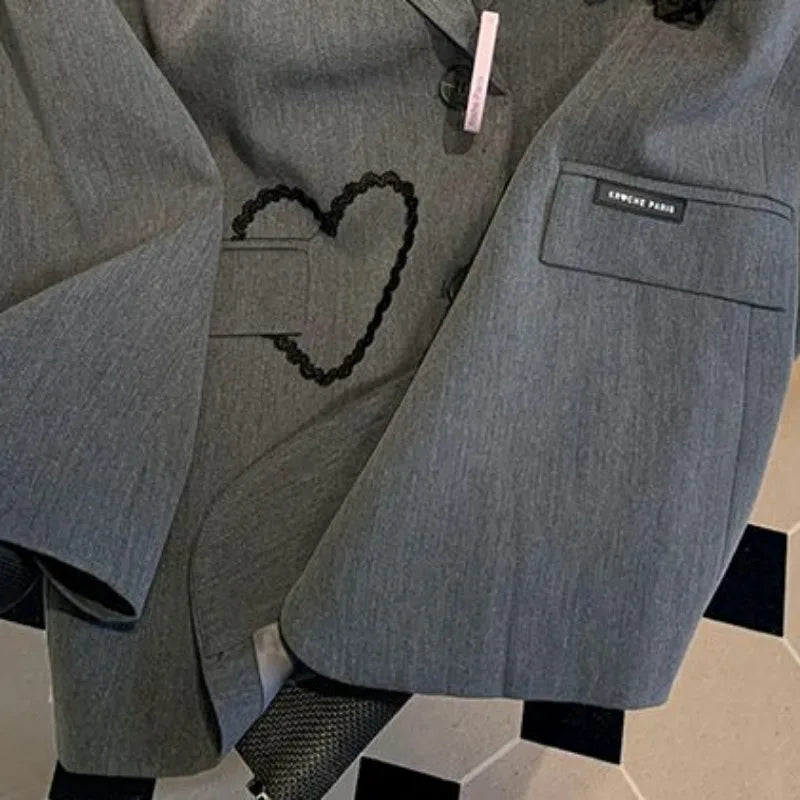 OCEANLOVE Bestickte Blumenblazer Damen Frühling Herbst Koreanische Mode Chaquetas Elegante Graue Lockere Retro-Blazer Feminino