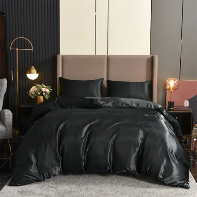 3tlg. Satin-Bettwäsche-Set, Queen Size, Schwarz, luxuriöse, seidenweiche, einfarbige Seide, sexy Flitterwochen, knitterfrei
