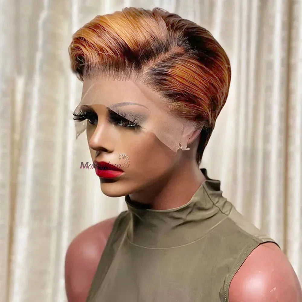 Kurze Bob Perücke Pixie Cut Perücke Glatte Echthaarperücken 13x4 Transparente Lace Front Perücke Für Frauen Highlight Glatte Pixie Cut Perücke