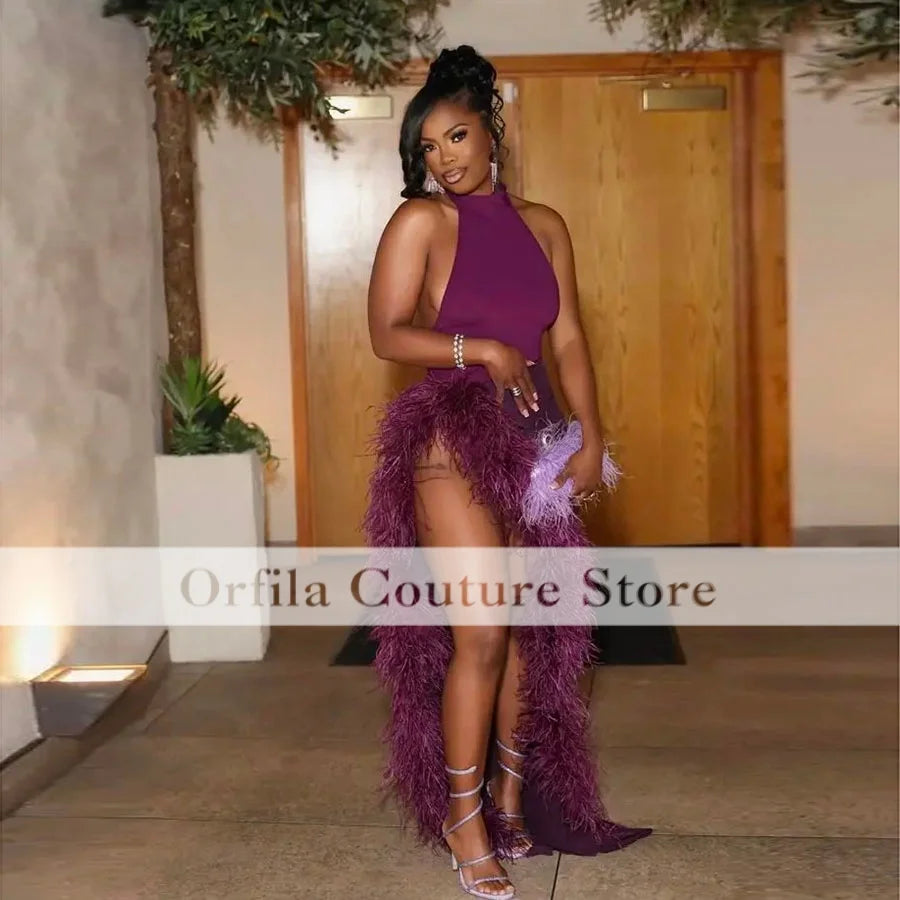 Sexy Slit African Evening Party Birthday Gowns Halter Neck Prom Dresses With Feathers Vestido De Festa Customized