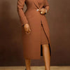 HLJ High Quality Elegant Office Lady Blazer Two Piece Sets Women Lapel Long Sleeve Coat And Slim Dress Outfit Female Clothing