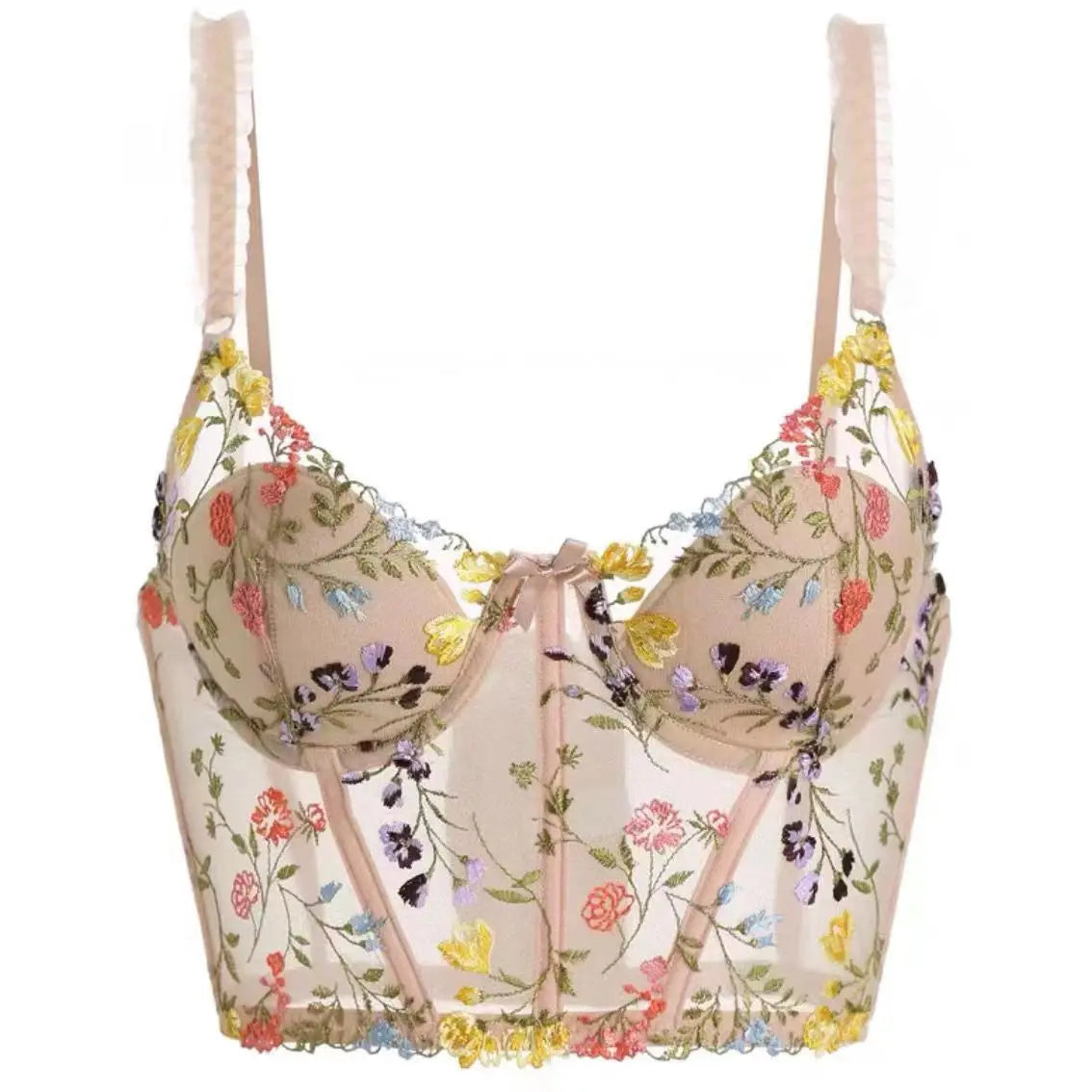 French Ladies Transparent Mesh Corset Sexy Shaper Thin Bra Set Night Club Sweet Cropped Top Girls Hot Bra and Panties Bralette